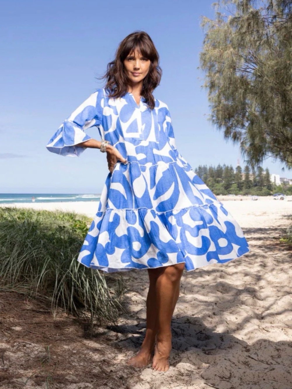 Blue and White Linen Abstract Floral Tiered Beach Dress NWT